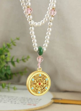 新款新中式五福毛衣链圆盘2024爆款珍珠项链长款古汉服宫廷国潮风