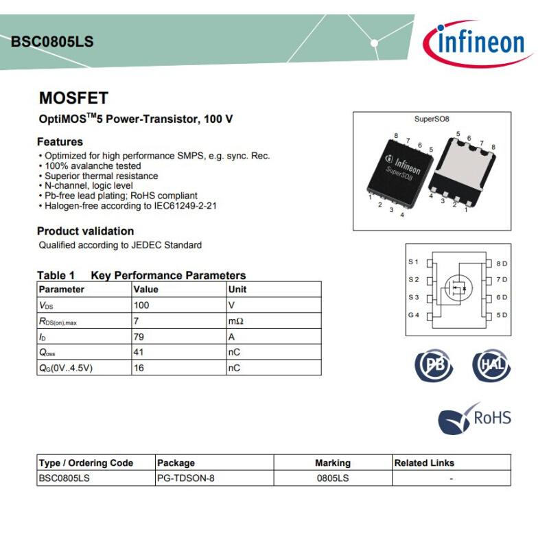 BSC0805 INFINEON BSC0805LSATMA1 100V,N-CH MOSFE 英飞凌晶体管 - 图0