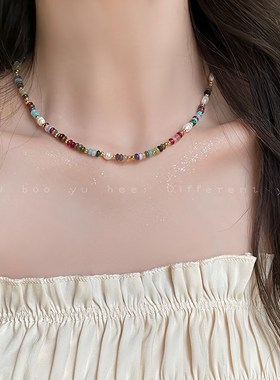 彩色不规则珍珠项链女轻奢小众夏天锁骨链复古民族风串珠颈链配饰