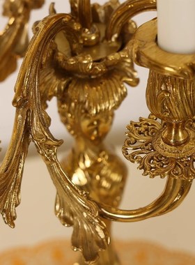 欧式奢华全铜复古烛台法式软装家居样板房展厅T创意黄铜蜡烛摆件