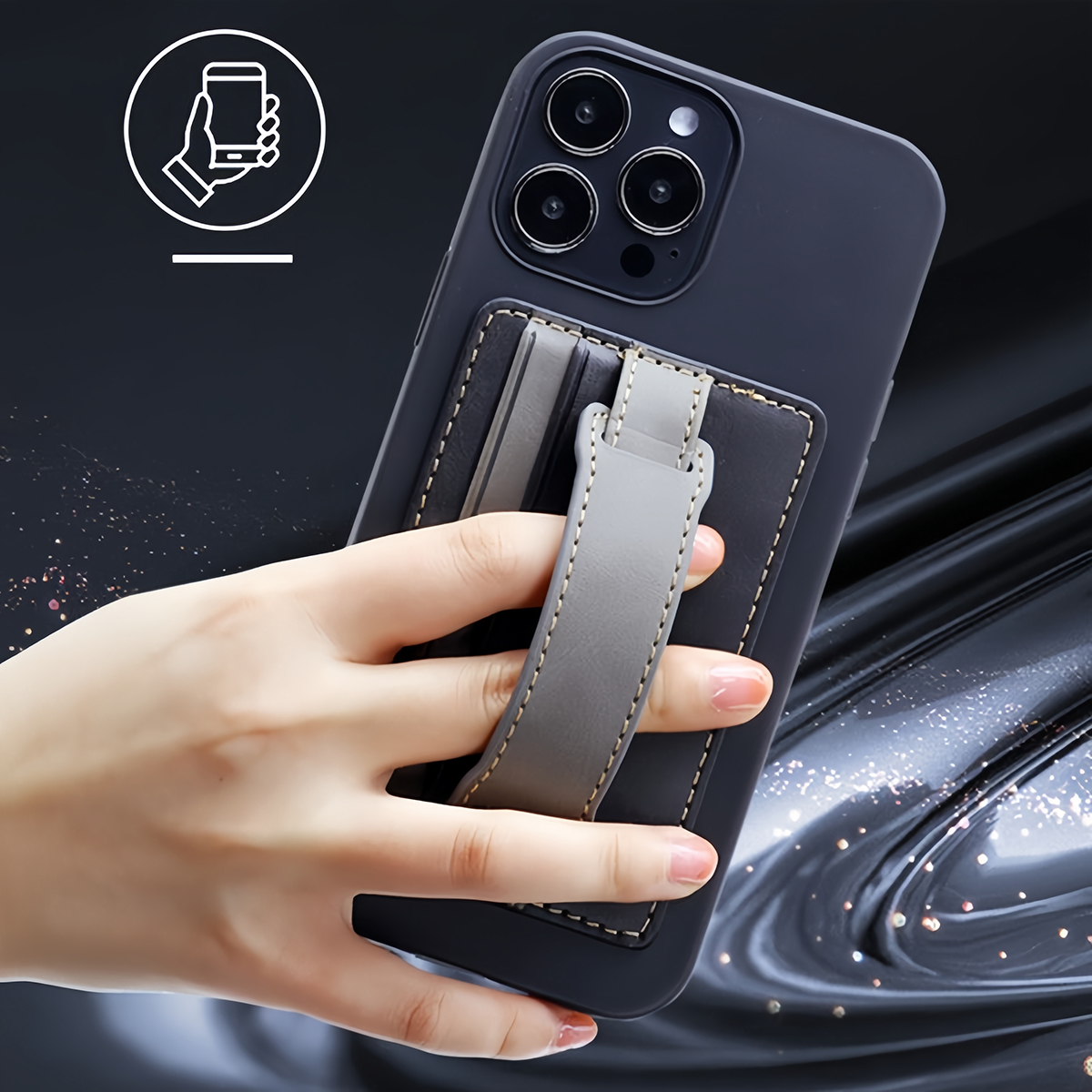 手机卡包支架背贴卡片收纳指环粘贴式手机壳通用配件身份证银行卡套支撑架多功能皮革防滑防摔便携伸缩指环扣 - 图0