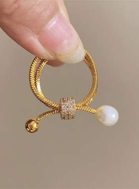 韩系冷淡风金属链条n抽拉多层可调节天然珍珠戒指高级感法式指环