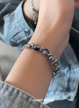 碎银拼接双层冰裂串珠男生手链女百搭小众设计高级感字母手串饰品