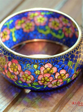 十里锦香看不断 正宗老货景泰蓝脱胎透明蓝手镯 超宽3.2CM 收藏