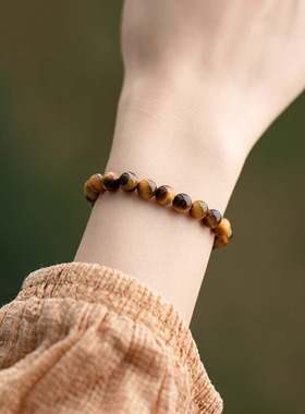 普陀山天然黄虎眼石手錬男女款黄虎睛石水晶佛珠手串单圈饰品礼物