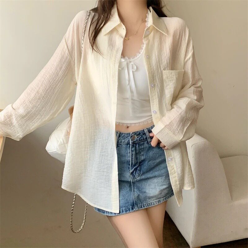 棉锦印象防晒衬衫莱赛尔+锦纶马卡龙色外搭夏季长袖半透褶皱衬衣