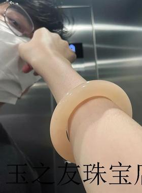 高端新疆和田玉青海料藕粉色玉镯胖圆条手镯新疆镯子带鉴定证书