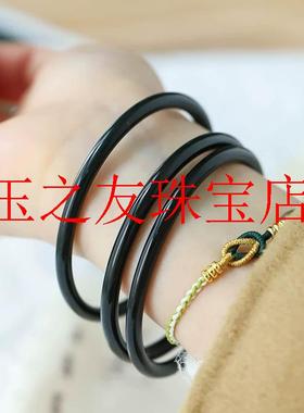 精选老矿新疆黑塔青和田玉墨玉叮当镯女款小细圆条手乌鸡玉镯送礼
