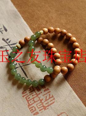 高端精选老山檀香圆珠手串搭配和田玉晴水古法银原创手链檀木饰品