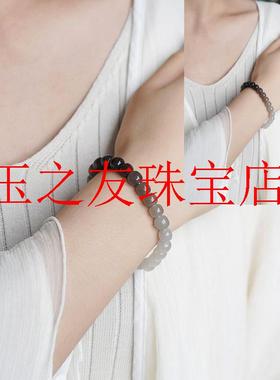 青海料烟青和田玉渐变手串女款玉石老型珠饰品礼物乌鸡玉单圈手链