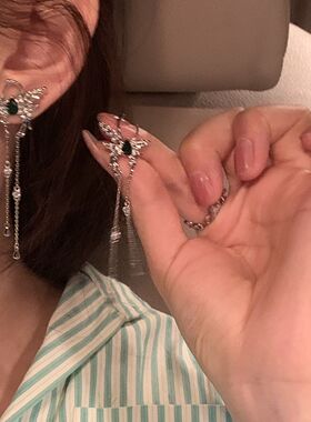 水滴绿色锆石金属风蝴蝶流苏耳环夸张酷潮网红复古耳饰女超仙耳环