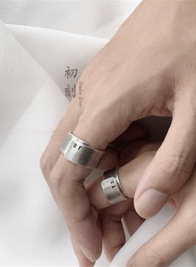 重叠宽戒 纯银刻字开口时尚情侣戒 手工定制简单素银男女活口戒指