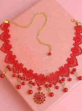 红色宽大遮疤项链颈饰颈带锁骨链颈链新娘婚纱配饰项圈女珍珠吊坠