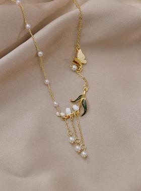 铃兰花开白色琉璃花朵珍珠项链女复古法式颈链高级感网红爆款