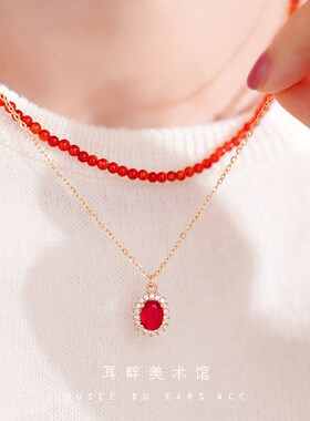 B新年红色独特人造水晶石细项链女配饰女秋冬高级感轻奢小众设计