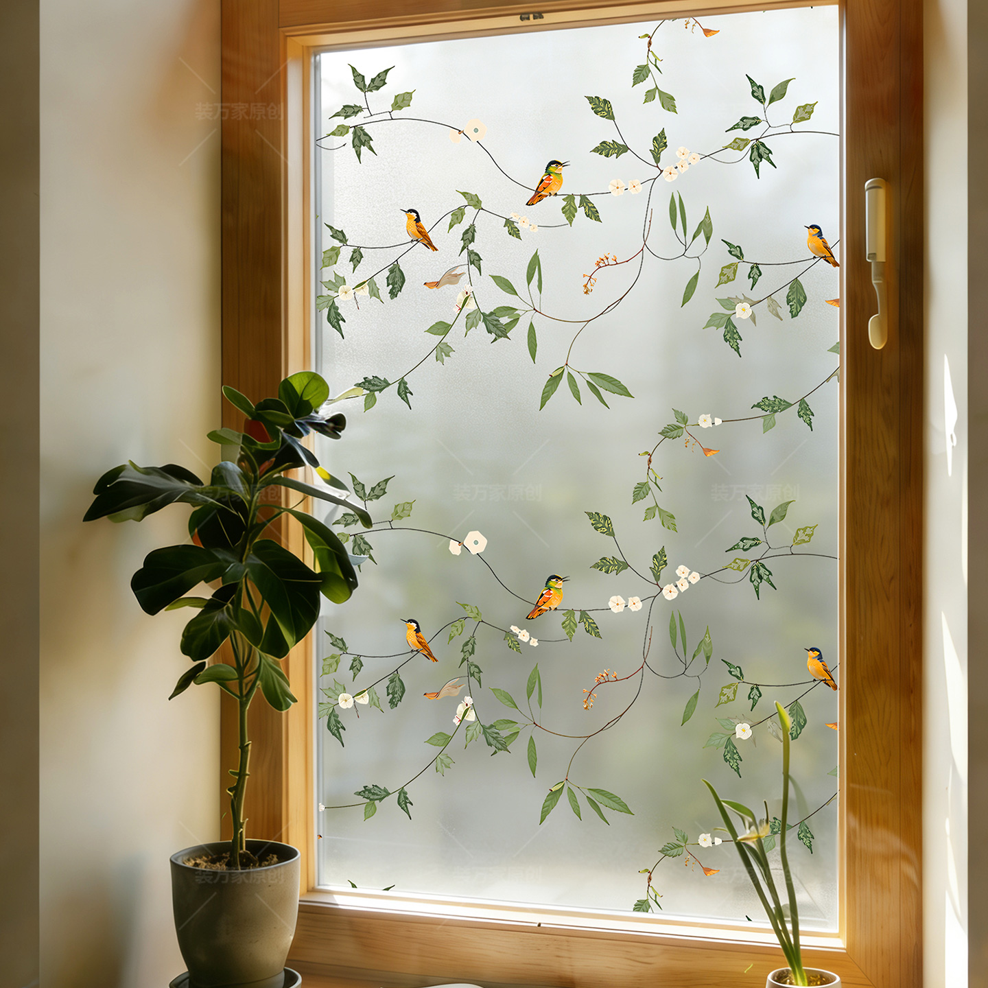 装万家防窥膜卫生间浴室窗户玻璃贴纸法式中式复古花鸟磨砂静电贴 - 图2