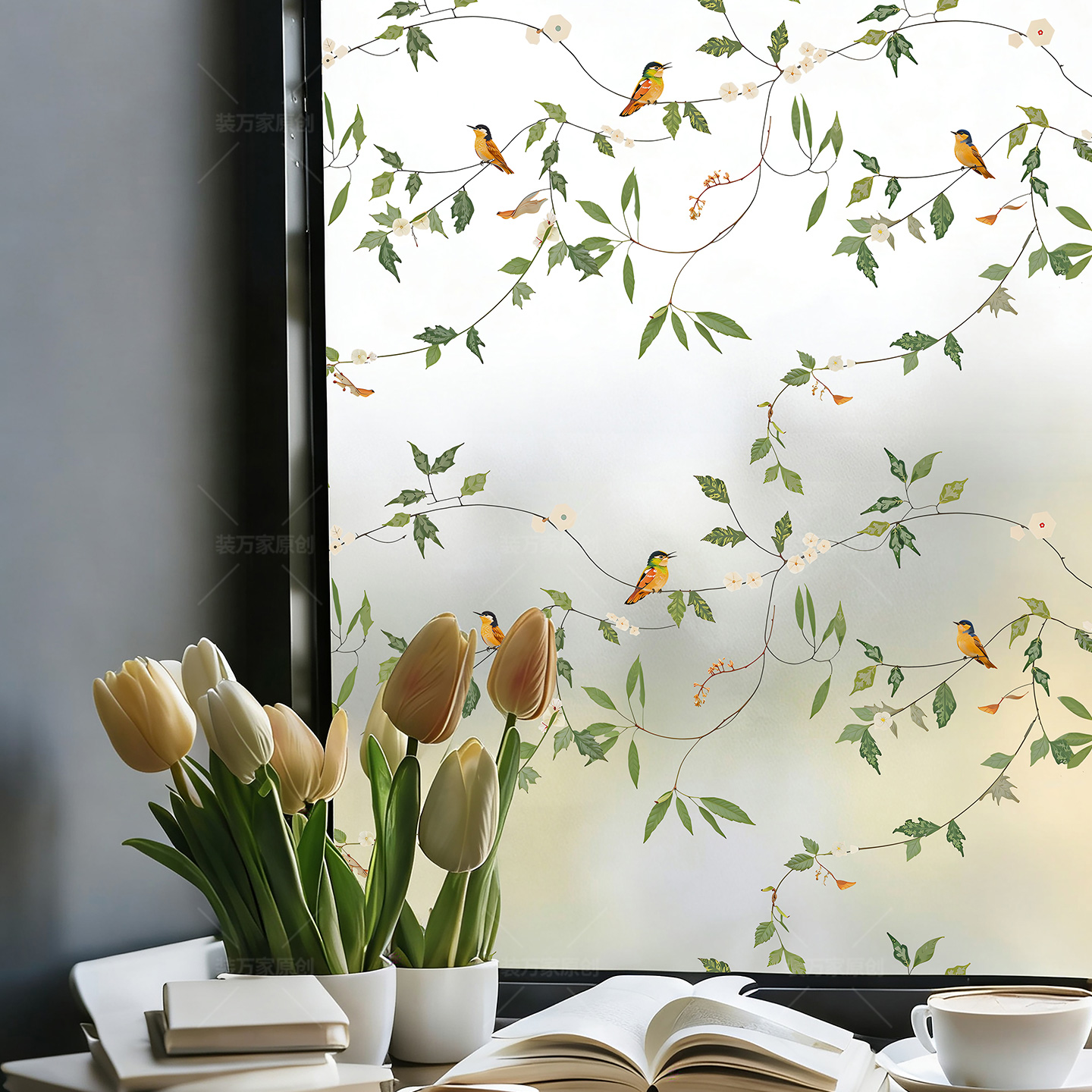 装万家防窥膜卫生间浴室窗户玻璃贴纸法式中式复古花鸟磨砂静电贴 - 图0