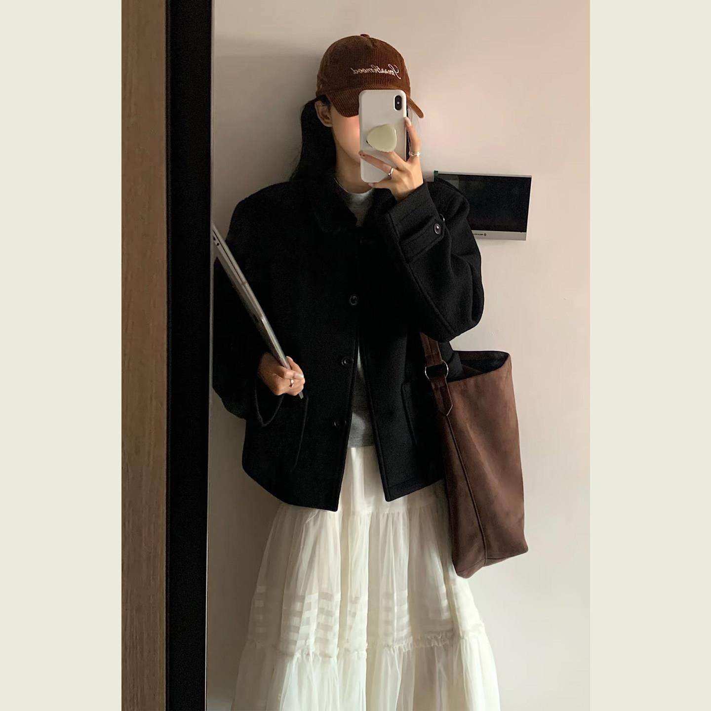 韩系赫本风黑色毛呢外套女秋冬季小个子简约气质百搭短款呢子大衣,淘宝优惠券,粉丝福利购,淘宝优惠卷