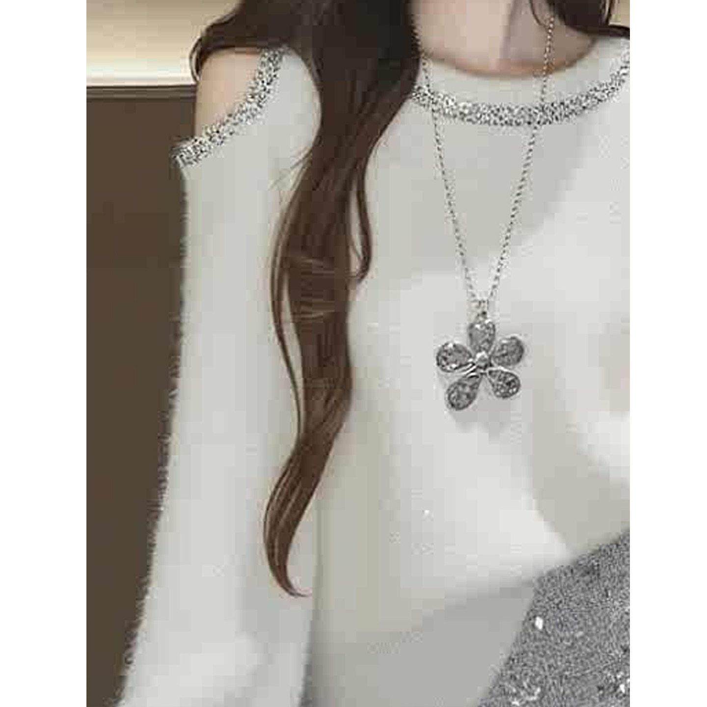 高级感绝美白色重工镶钻露肩长袖毛衣针织衫女春季款百搭宽松上衣,淘宝优惠券,粉丝福利购,淘宝优惠卷