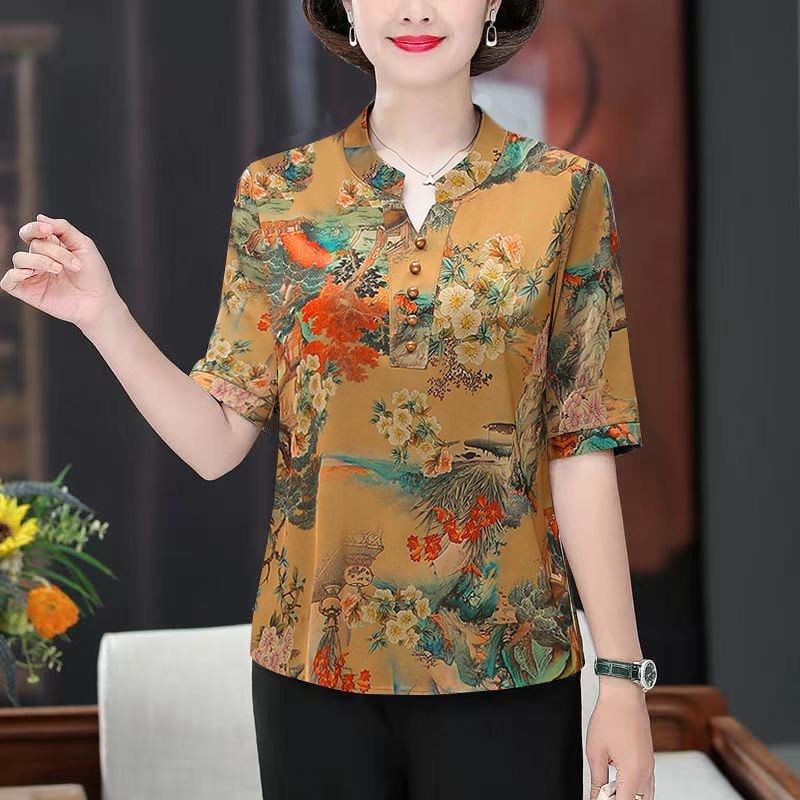 中老年妈妈2024新款短袖T恤女夏季印花百搭气质妈妈装宽松长袖女,淘宝优惠券,粉丝福利购,淘宝优惠卷