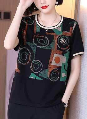 含棉短袖T恤女2022夏季新款中年妈妈装休闲宽松黑色印花上衣大码T
