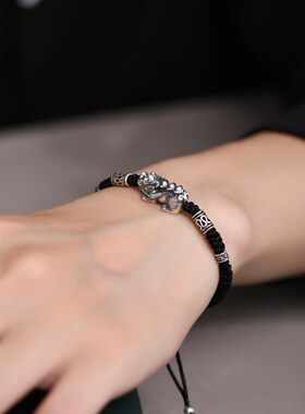 罗泰老银匠999纯银貔貅手链男女款情侣国风本命年红手绳七夕礼物