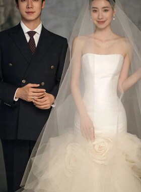 头纱新娘主婚纱高级感高清长头纱摄影拍照造型韩式白色轻头饰领证