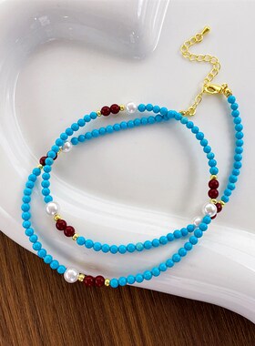 新中式天然松石串珠项链淡水珍珠锁骨链红玻O璃颈链高级感气质饰