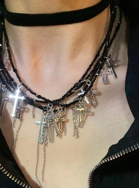 又佛又上帝 高级感多层十字架流苏项链暗黑O风锁骨链小众设计感潮