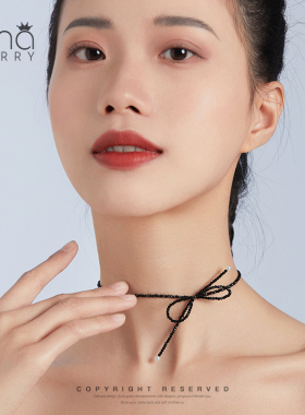 优娜柏丽黑色仿水晶串珠蝴蝶结锁骨链金属爱心项链珠链小众时尚