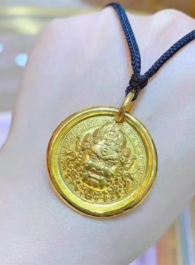 古法金包银黄财神吊坠锤纹项链男女圆牌招财纳福毛衣链送生日礼物