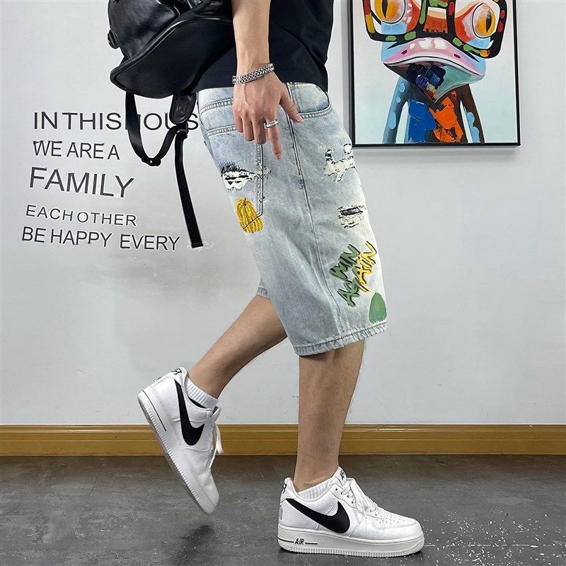 潮牌宽松直筒牛仔五分裤男个性南瓜印花青年潮流中裤夏季短裤男士 - 图0