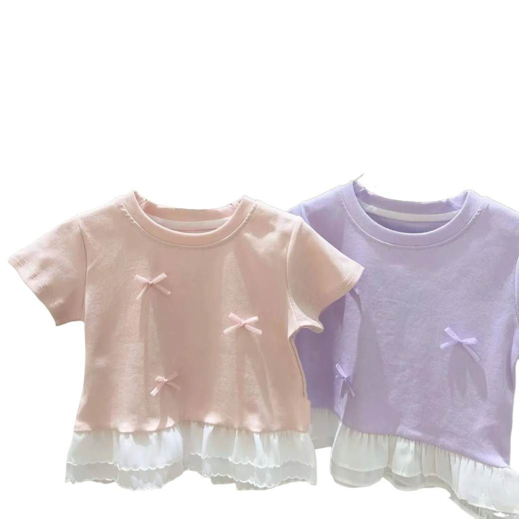 女童宝宝纯棉短袖t恤新款夏季女孩洋气蕾丝蝴蝶结弹力圆领上衣服,淘宝优惠券,粉丝福利购,淘宝优惠卷