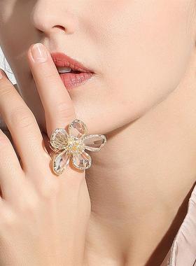 个性夸张水晶花戒指女气质时尚开口指环小众设计感网红食指戒子潮