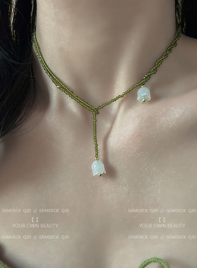 森系超仙水晶铃兰项链女复古绿色串珠小众设计锁骨链温柔颈链吊坠