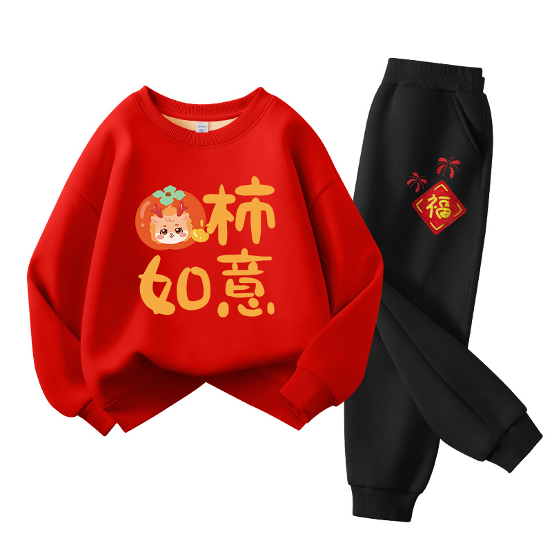 真维斯女童过年喜庆衣服拜年服套装2024新款龙年加绒儿童红色卫衣-图3