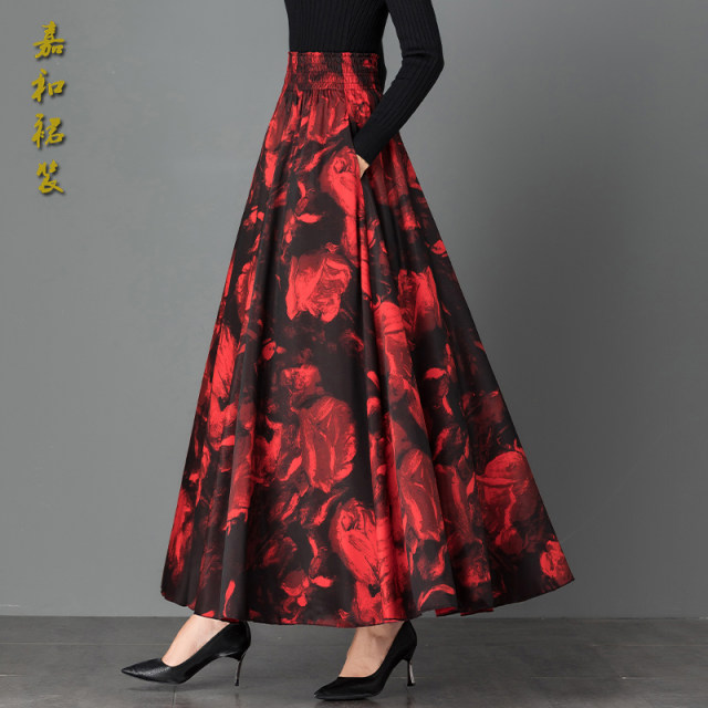 Autumn and winter new style red versatile retro printed w half length skirt women's dance skirt large size high waist a line large hem skirt