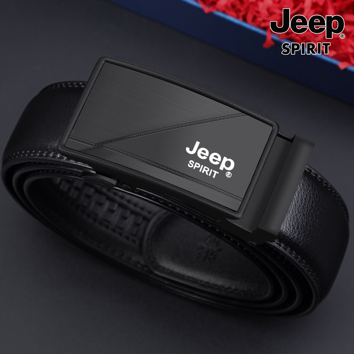 Jeep男士真皮皮带自动扣商务休闲百搭简约款光面黑色腰带2026年