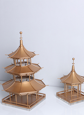新中式仿古现代创意家居s轻奢金色金属塔凉亭摆件样板房玄关装饰