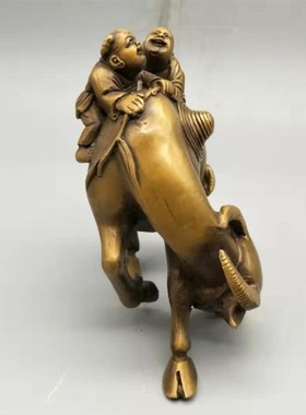 仿古纯铜牧童骑戏牛招财聚财铜牛摆G件客厅办公室装饰风水摆设