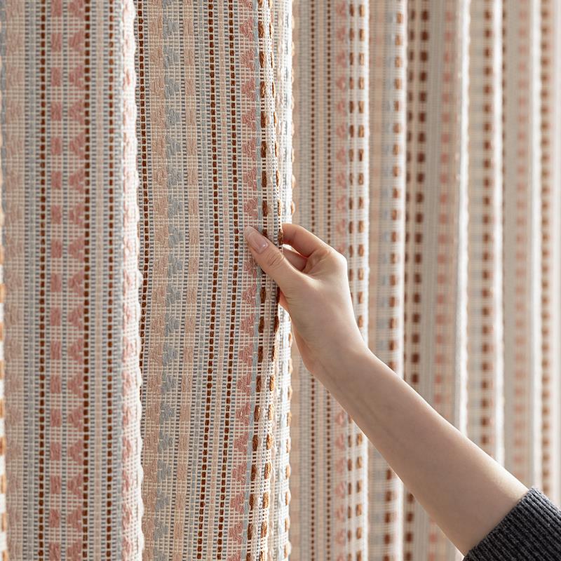 费尔岛儿童房多巴胺彩色棉麻窗帘客厅女孩卧室飘窗条纹遮光布ins - 图0