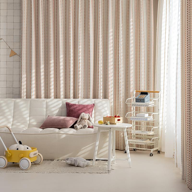 费尔岛儿童房多巴胺彩色棉麻窗帘客厅女孩卧室飘窗条纹遮光布ins - 图2