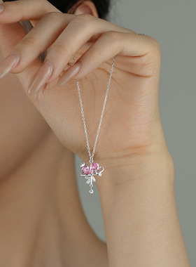 s925纯银爱心蝴蝶结项链女轻奢甜