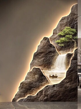 流水生财入户玄关装饰画高级感走廊尽头壁画山水风景挂画背有靠山