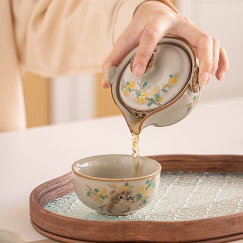 仿宋汝窑旅行茶具简易功夫茶具套装户外露营泡茶便携随身包快客杯 - 图1