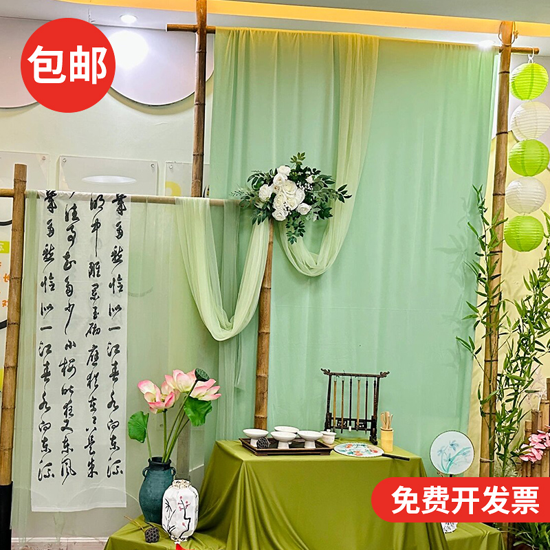 新中式国风纱幔印花网纱布料幼儿园环创diy装饰古风书法绿色布幔