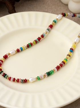 新款天然彩色波西米亚淡水珍珠项链手工串珠高级感个性锁骨链女