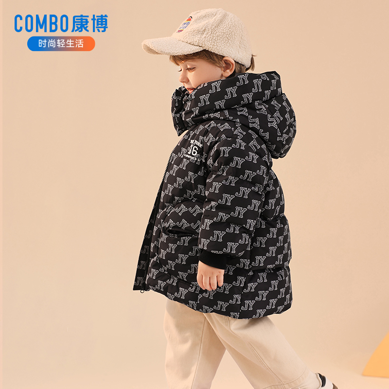 康博男童羽绒服中长款宝宝可爱新款连帽加厚保暖外套洋气冬装童装