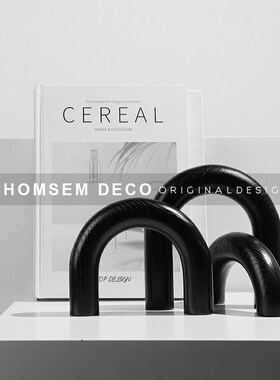 现代简约黑色木纹拱门几t何艺术摆件样板间售楼处书房电视柜软装