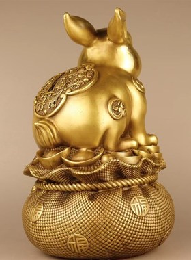 纯铜兔子摆件聚j宝盆福袋兔存钱罐双兔送福生肖兔家居装饰工艺品